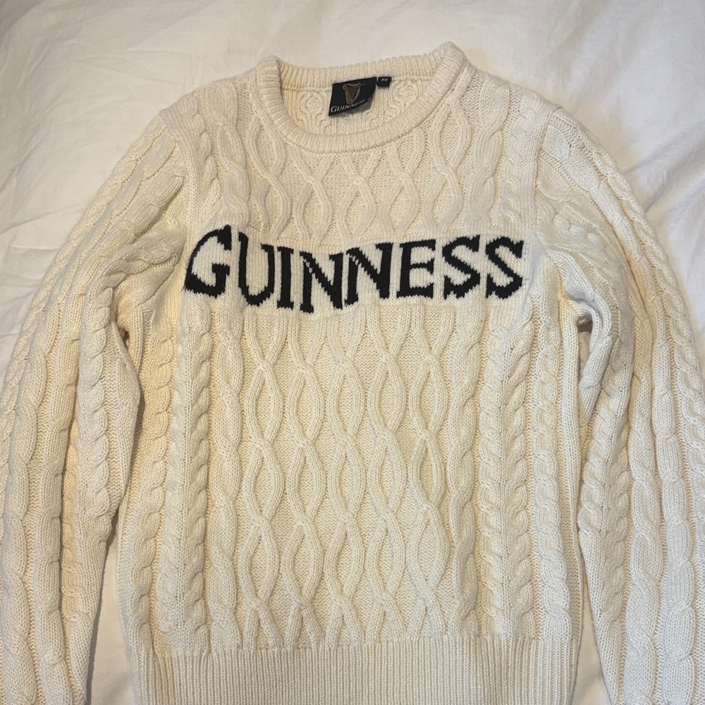 Almost New! Guinness Ivory Cable Knit Crewneck Sweater with Black Logo